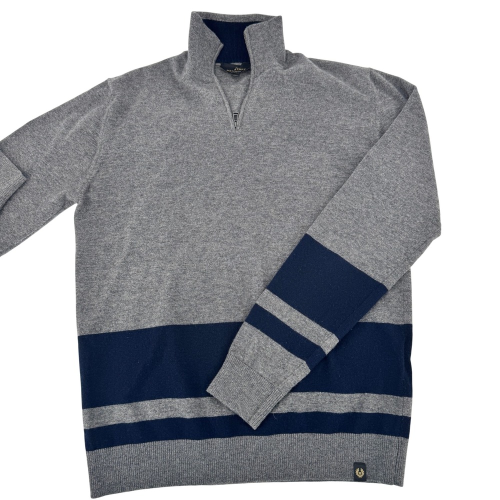 Belstaff 1/4 Zip Sweater Mens Virgin Wool‎ Medium Grey Navy Striped Italy